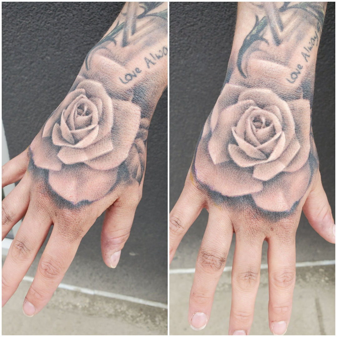 Soft Rose Hand Tattoo â€” Clay Walker