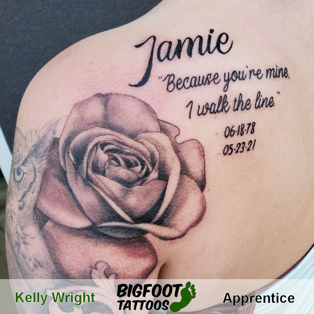 Greyshade Rose Tattoo and Script — Kelly Wright